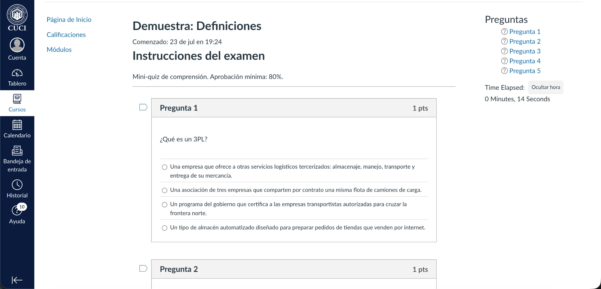 Campus virtual de CUCI sobre Canvas LMS: una clase con su mini-quiz de comprensión
