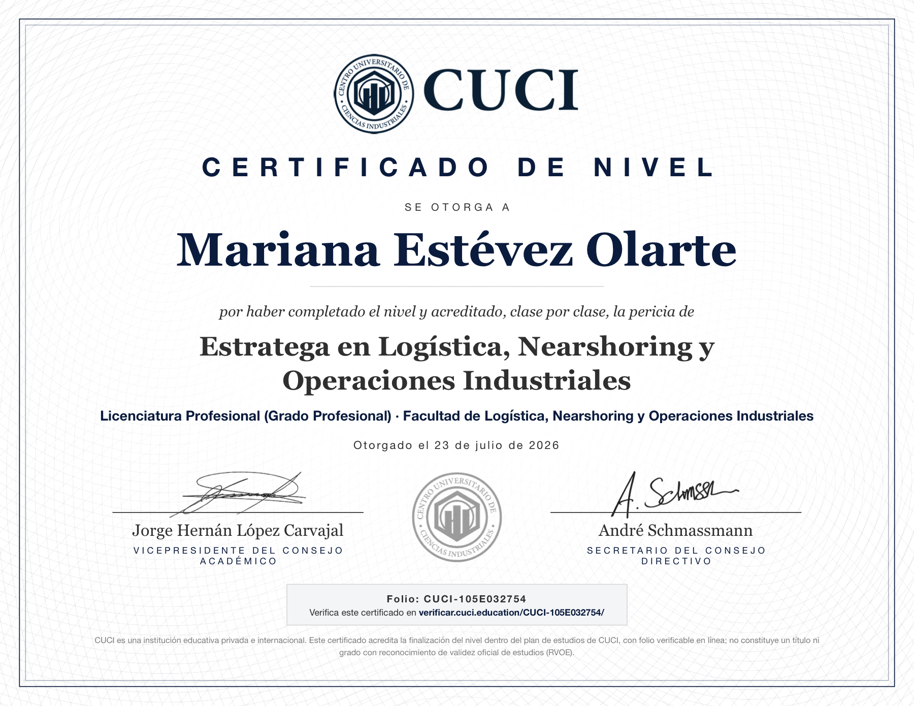 Certificado de nivel de CUCI: Analista Junior en Logística, Nearshoring y Operaciones Industriales, con folio verificable